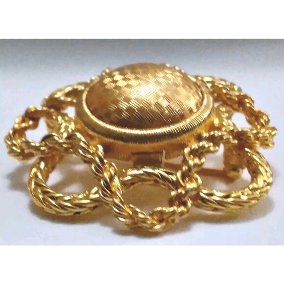 Monet Brooch Vintage Open Textured Goldtone Metal Work Round Dome Center 1980s - Picture 2 of 8